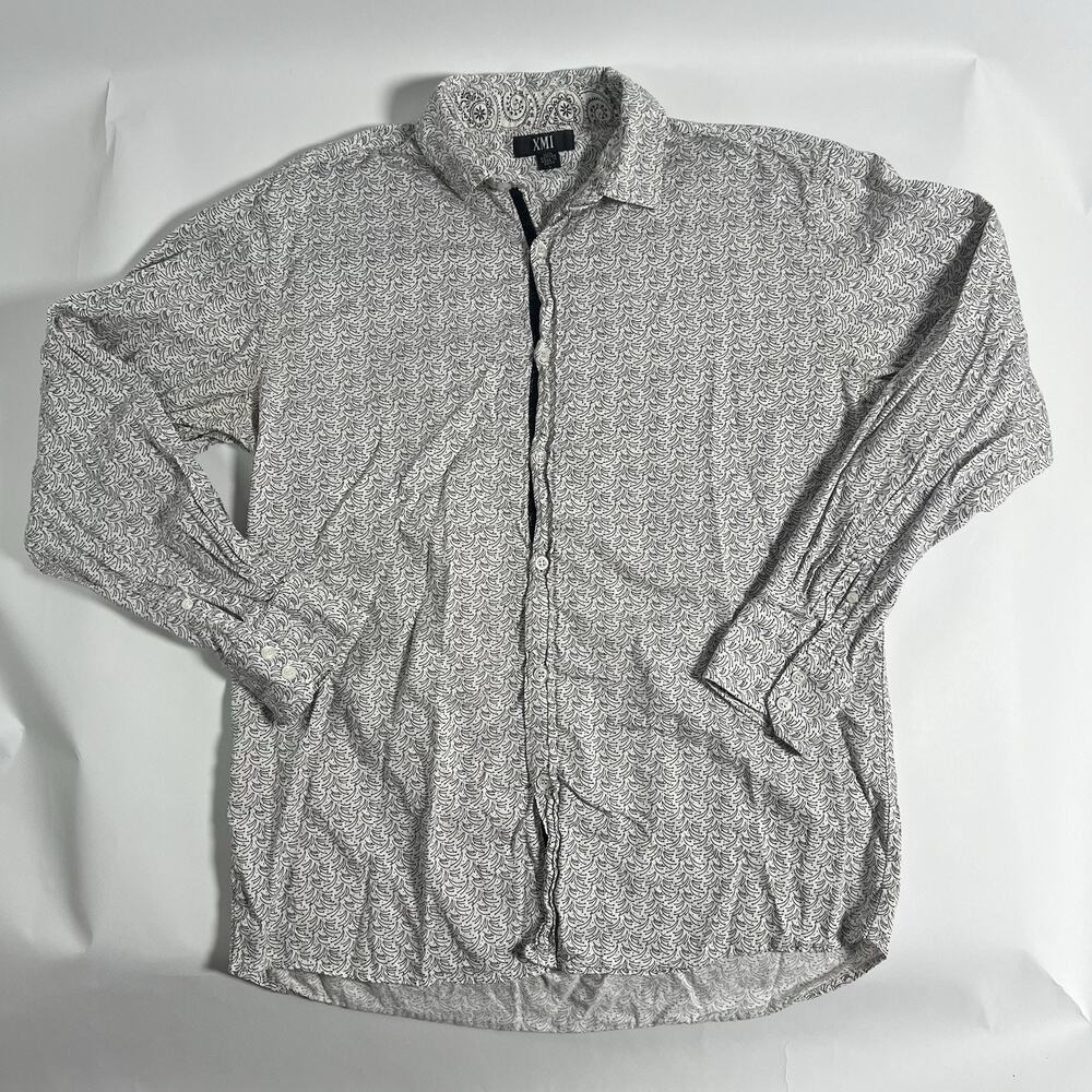 XMI Mens Dress Shirt Paisley White/Black Cotton Long Sleeve Button Front L